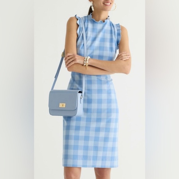NEW- J. Crew. Ruffle-trim sheath dress in gingham stretch crepe. Bright Peri - Picture 1 of 7